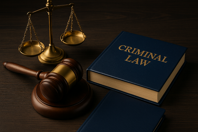 Simbol hukum pidana berupa timbangan emas, palu hakim, dan buku Criminal Law berwarna biru navy dengan detail emas di atas meja kayu elegan.