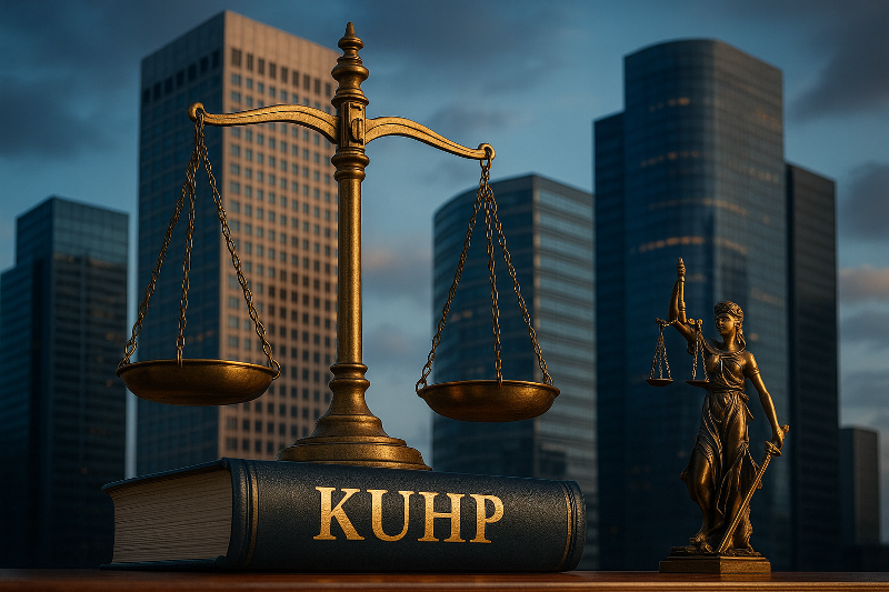 Ilustrasi pertanggungjawaban pidana korporasi KUHP berupa timbangan emas dan patung Lady Justice di atas buku KUHP biru beraksen emas dengan latar gedung pencakar langit.