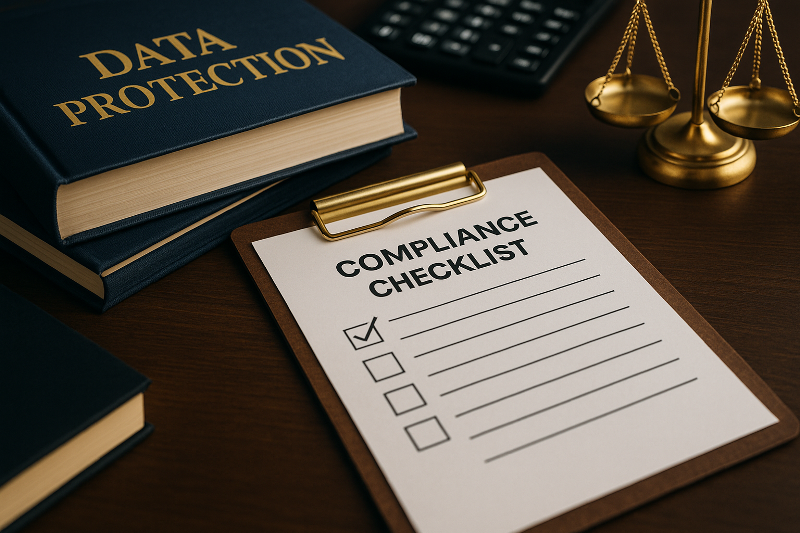 Ilustrasi kepatuhan UU Perlindungan Data Pribadi dengan buku data protection biru emas, checklist kepatuhan, kalkulator, dan timbangan hukum di meja kayu.