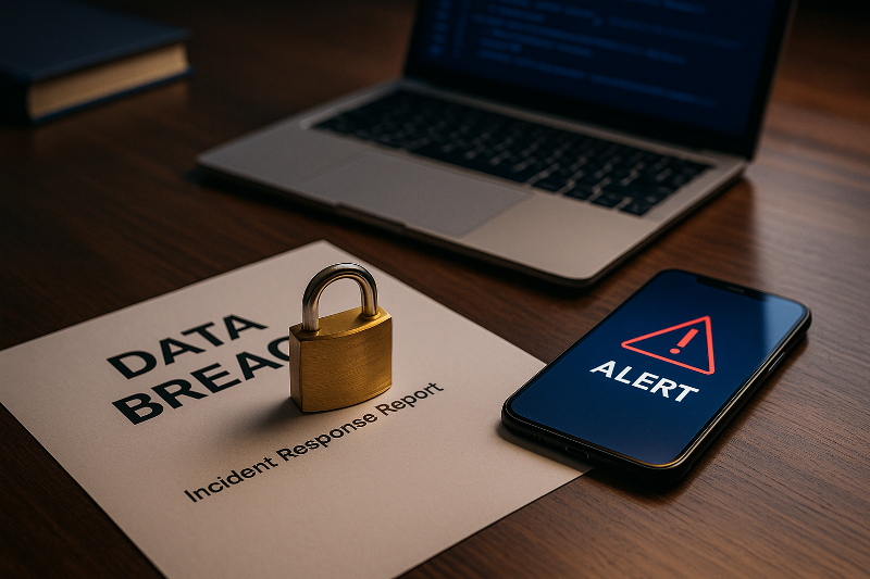 Ilustrasi respons insiden kebocoran data dengan laporan data breach, gembok emas, ponsel menampilkan peringatan, dan laptop dengan log sistem.