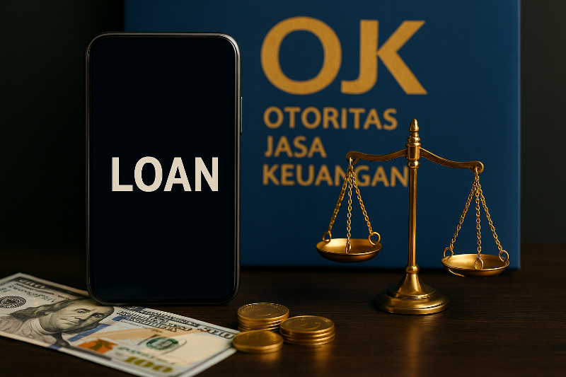 Ilustrasi aturan OJK pinjaman online dengan smartphone bertuliskan loan, timbangan emas, uang kertas, koin, dan latar dokumen OJK berwarna biru emas.