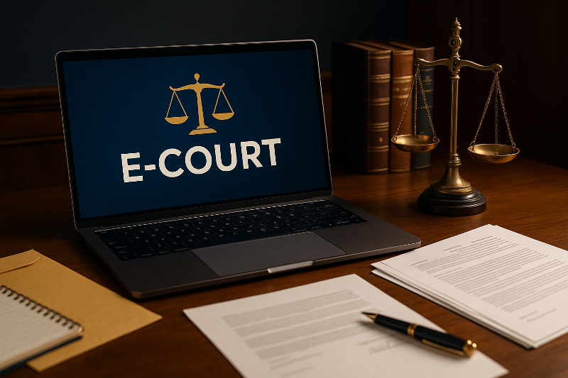 Ilustrasi panduan e-court perdata 2025 berupa meja kerja modern dengan laptop menampilkan sistem e-court, timbangan emas, dokumen hukum, dan pena elegan.