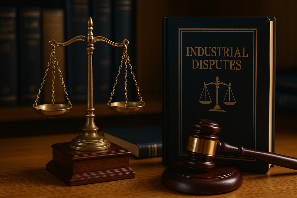 Ilustrasi perselisihan hubungan industrial Jabar dengan simbol hukum berupa timbangan emas, palu hakim, dan buku hitam berjudul Industrial Disputes di atas meja kayu.