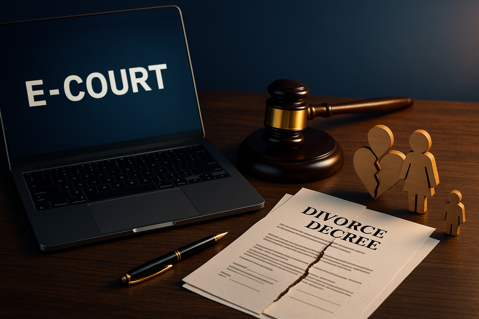 Ilustrasi prosedur perceraian e-court 2025 berupa laptop dengan layar bertuliskan e-court, dokumen perceraian yang robek, palu hakim, dan ikon keluarga kayu di atas meja kayu gelap.