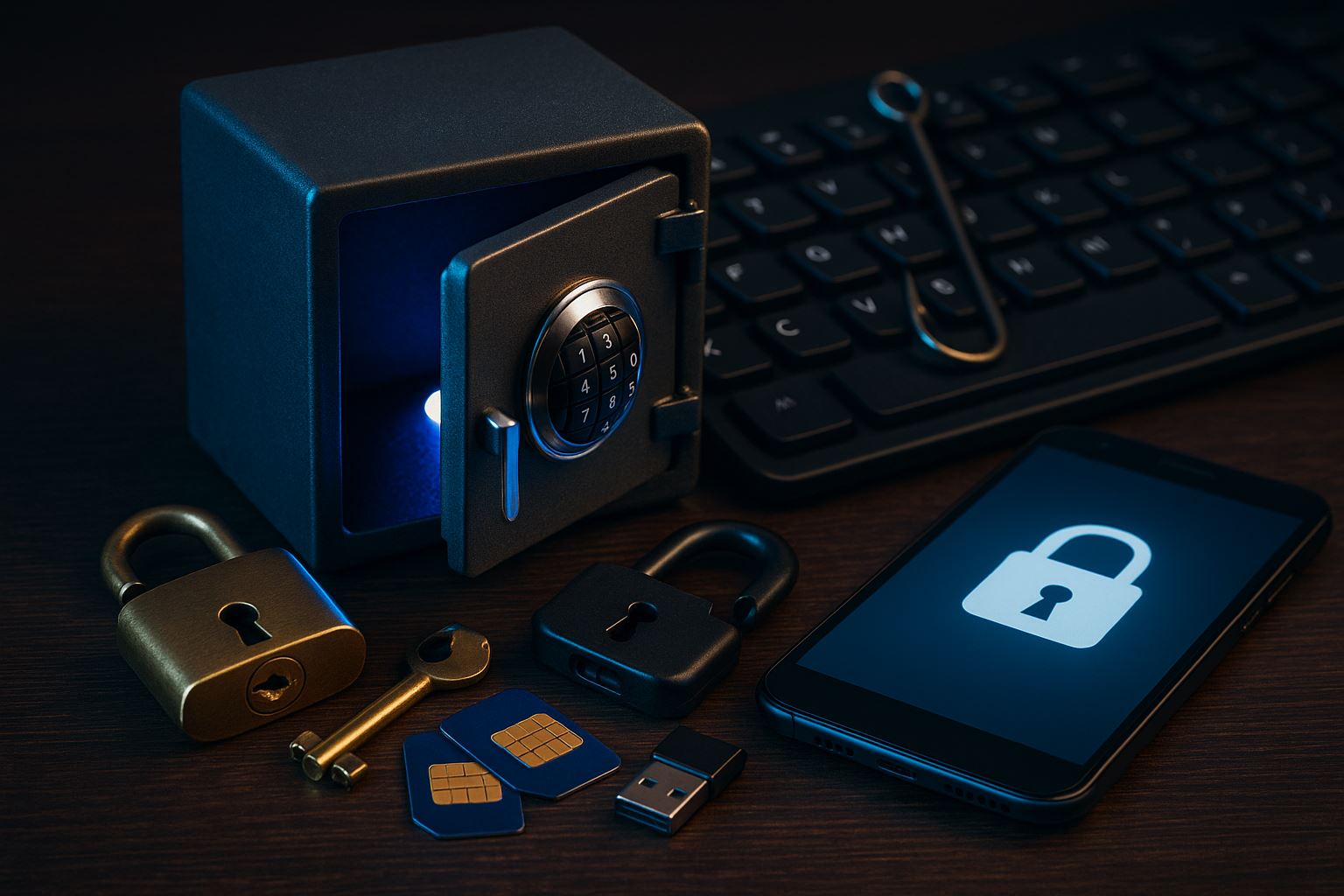 Keamanan kredensial serangan meningkat digambarkan dengan brankas kecil terbuka berpendar biru, kunci emas, gembok, kartu chip, USB, ponsel berikon gembok, dan keyboard.