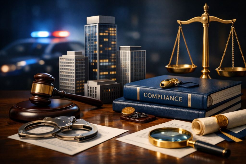 Ilustrasi pidana korporasi dalam KUHP dengan miniatur gedung perusahaan, timbangan keadilan emas, buku kepatuhan biru, dan borgol sebagai simbol tanggung jawab hukum korporasi.