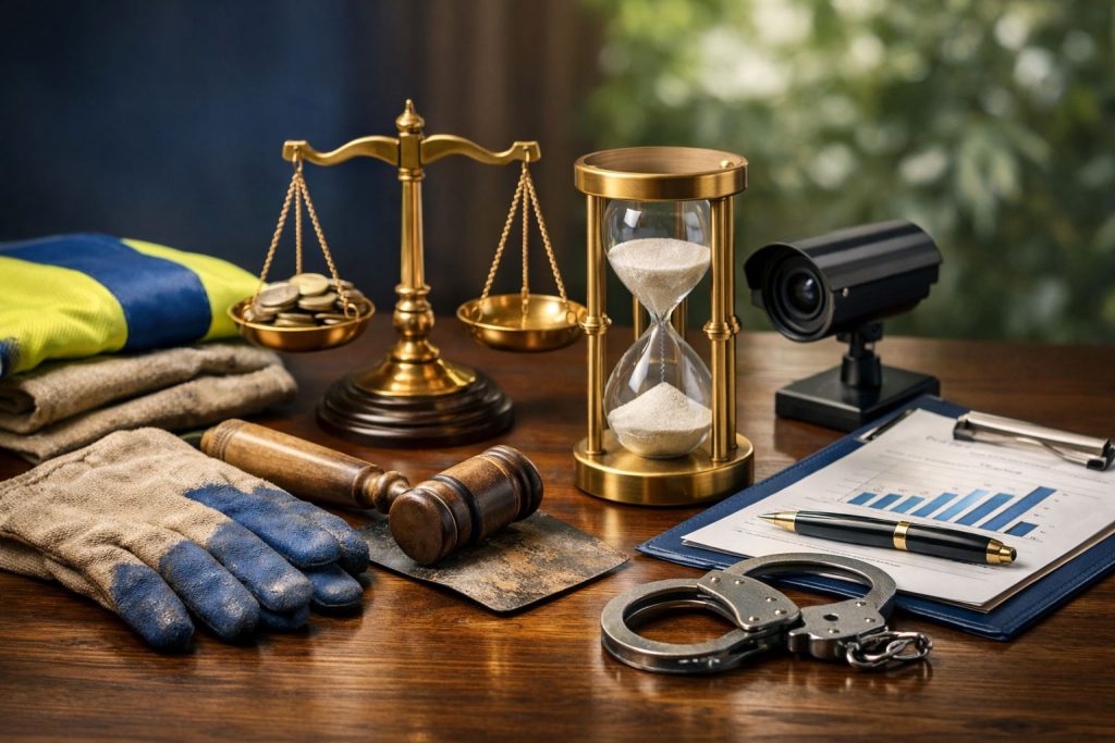 Ilustrasi pidana alternatif dalam KUHP dengan simbol kerja sosial, pengawasan, dan keadilan berupa sarung tangan kerja, jam pasir emas, timbangan hukum, dan borgol di meja kayu.