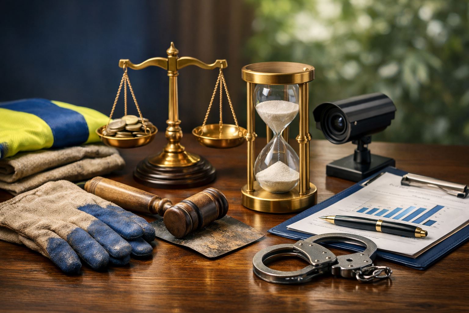 Ilustrasi pidana alternatif dalam KUHP dengan simbol kerja sosial, pengawasan, dan keadilan berupa sarung tangan kerja, jam pasir emas, timbangan hukum, dan borgol di meja kayu.