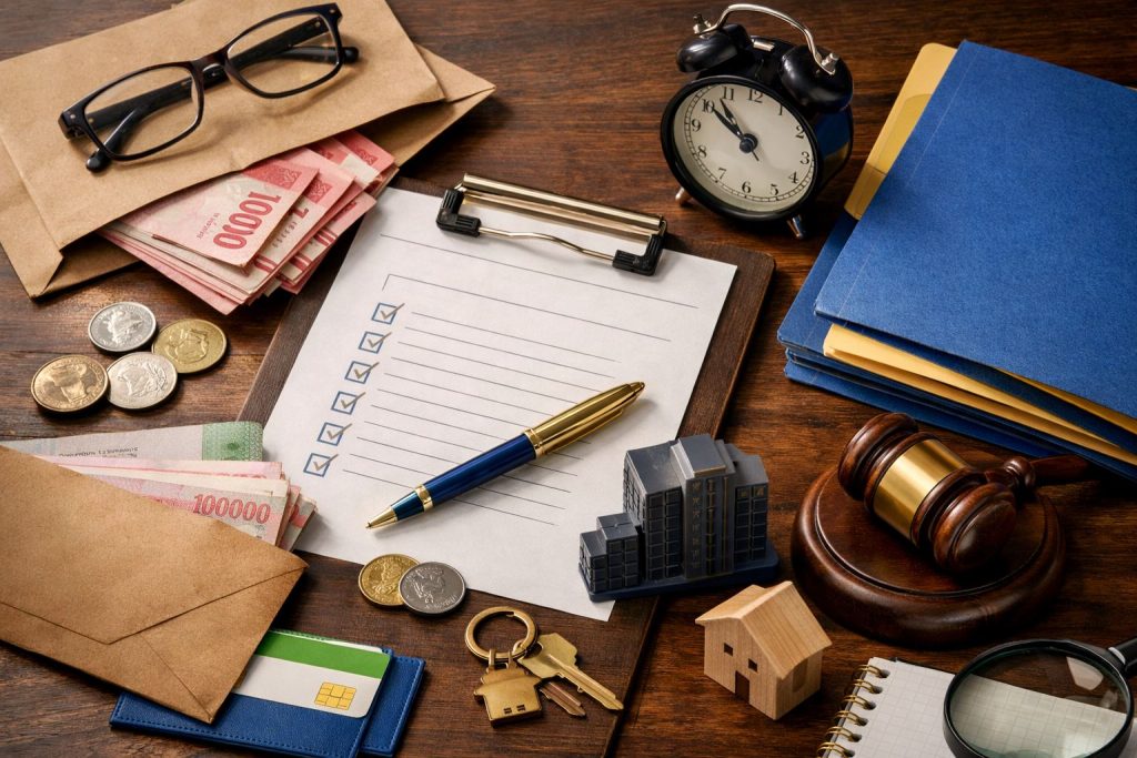 Ilustrasi hak pekerja PHK 2025 berupa checklist hak pesangon, uang tunai, dokumen hukum, palu hakim, dan jam kerja sebagai simbol perlindungan pekerja di Jawa Barat.