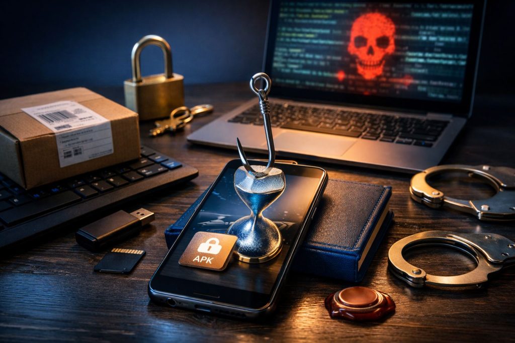 Ilustrasi modus kurir kirim APK dengan ponsel pintar sebagai target serangan, simbol pengait digital, paket kiriman, dan elemen keamanan siber yang menggambarkan pembajakan m-banking.