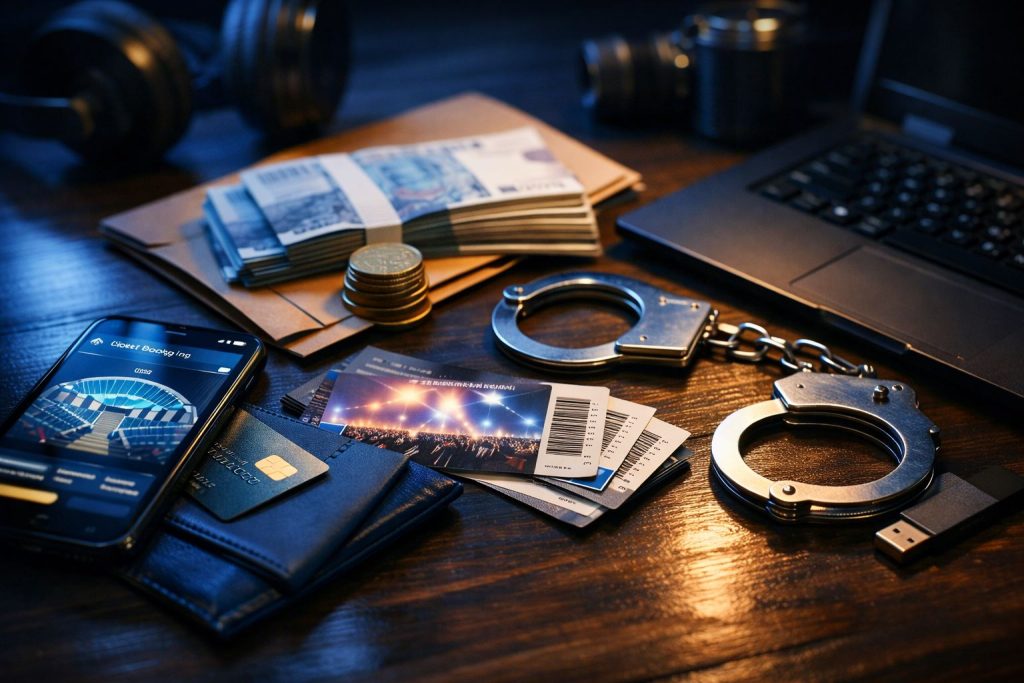 Ilustrasi penipuan tiket konser online menampilkan ponsel dengan aplikasi pemesanan, tiket konser, kartu pembayaran, uang tunai, dan borgol sebagai simbol kejahatan digital.