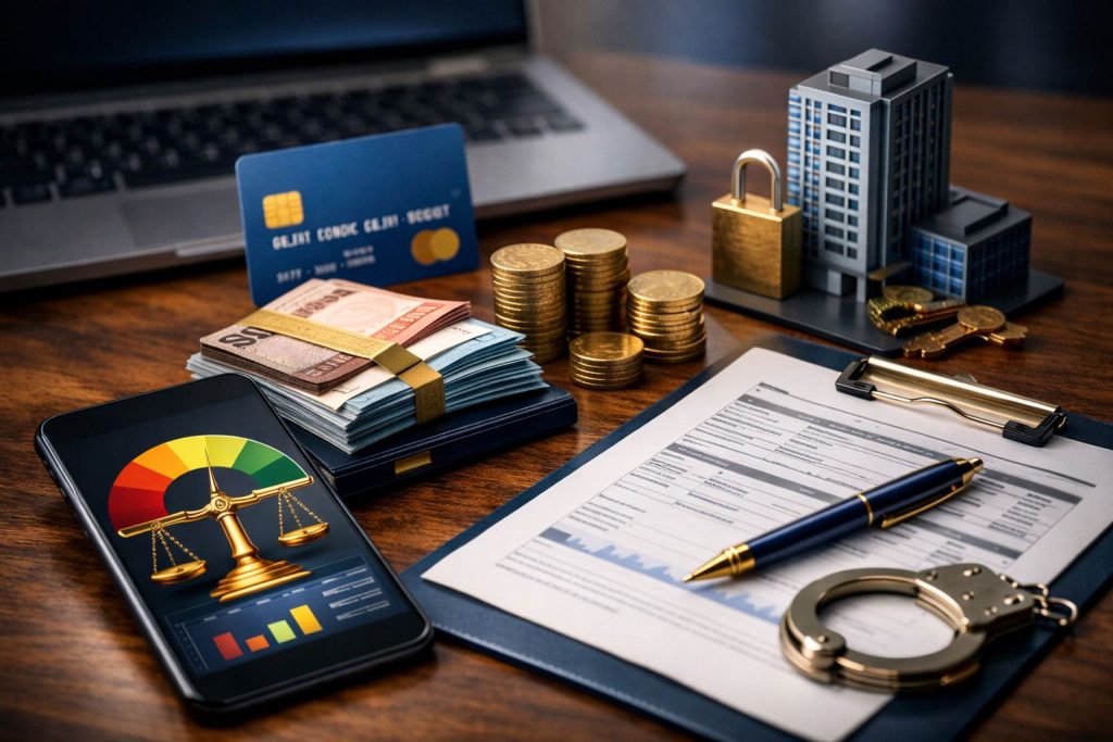 Ilustrasi pinjol wajib lapor SLIK dengan smartphone menampilkan indikator skor kredit, tumpukan uang rupiah, koin emas, dokumen keuangan, dan simbol keamanan finansial.