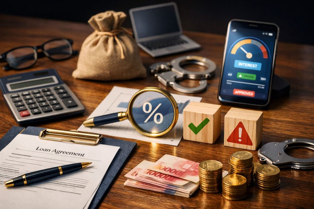 Ilustrasi batas bunga pindar OJK dengan dokumen perjanjian pinjaman, kaca pembesar beraksen emas, uang rupiah, koin, kalkulator, dan ponsel fintech di meja kayu.