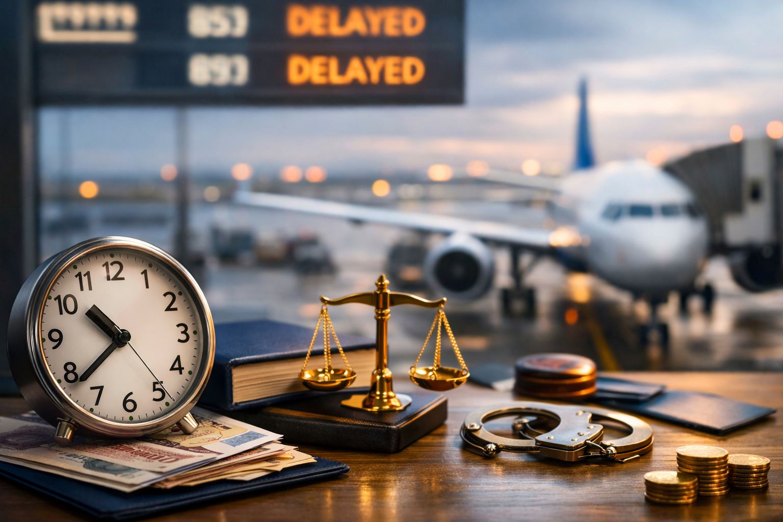 Ilustrasi kompensasi delay penerbangan 2015 dengan jam penunjuk waktu, uang rupiah, timbangan keadilan emas, dan pesawat di apron bandara saat penundaan.