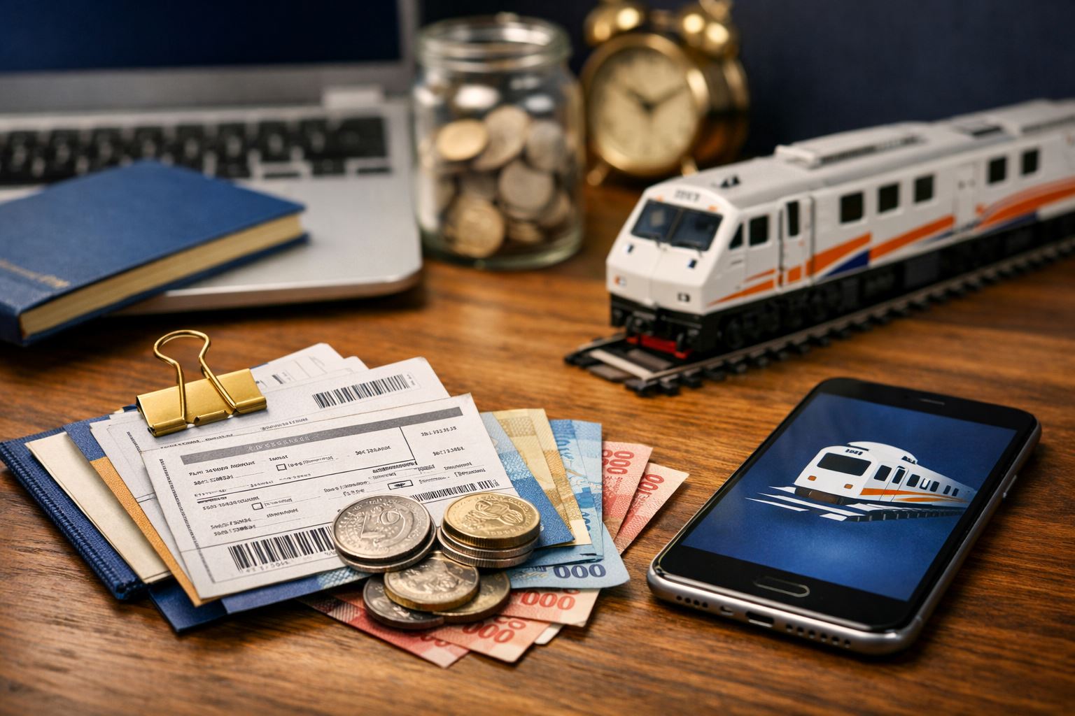 Ilustrasi refund tiket kereta api dengan tiket cetak, uang rupiah, ponsel digital, dan miniatur kereta di atas meja kayu bernuansa biru dan emas.