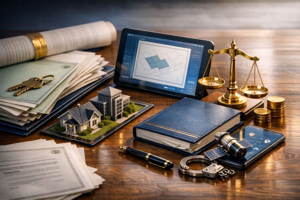 Ilustrasi perbarui sertifikat tanah elektronik dengan tablet peta digital, dokumen tanah fisik, kunci rumah, miniatur bangunan, dan simbol hukum beraksen biru dan emas.