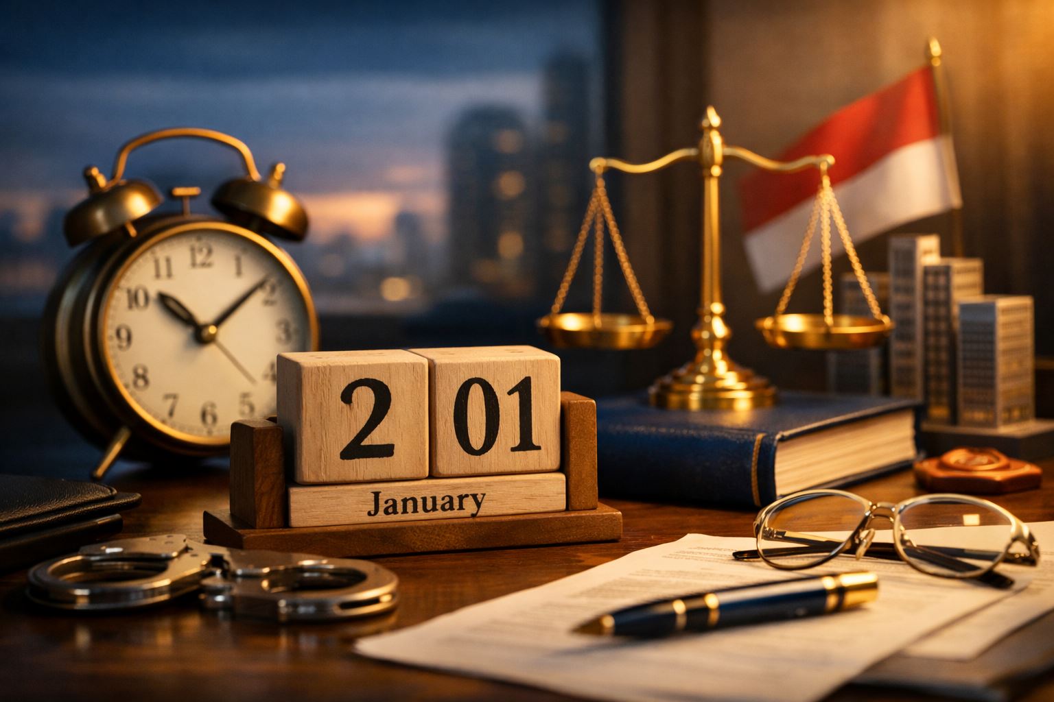 Ilustrasi kuhp nasional berlaku 2026 dengan jam meja antik, kalender kayu awal Januari, timbangan keadilan emas, dan elemen hukum di meja kerja bernuansa biru dan emas.