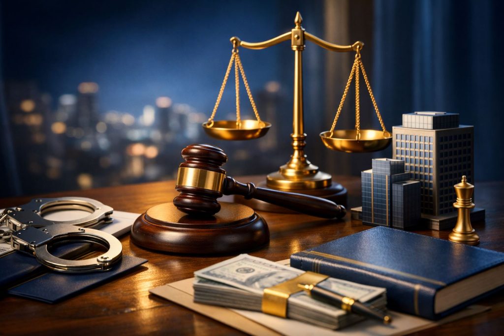 Ilustrasi pidana korporasi KUHP nasional dengan timbangan keadilan emas, palu hakim, miniatur gedung perusahaan, dan simbol pertanggungjawaban hukum korporasi.