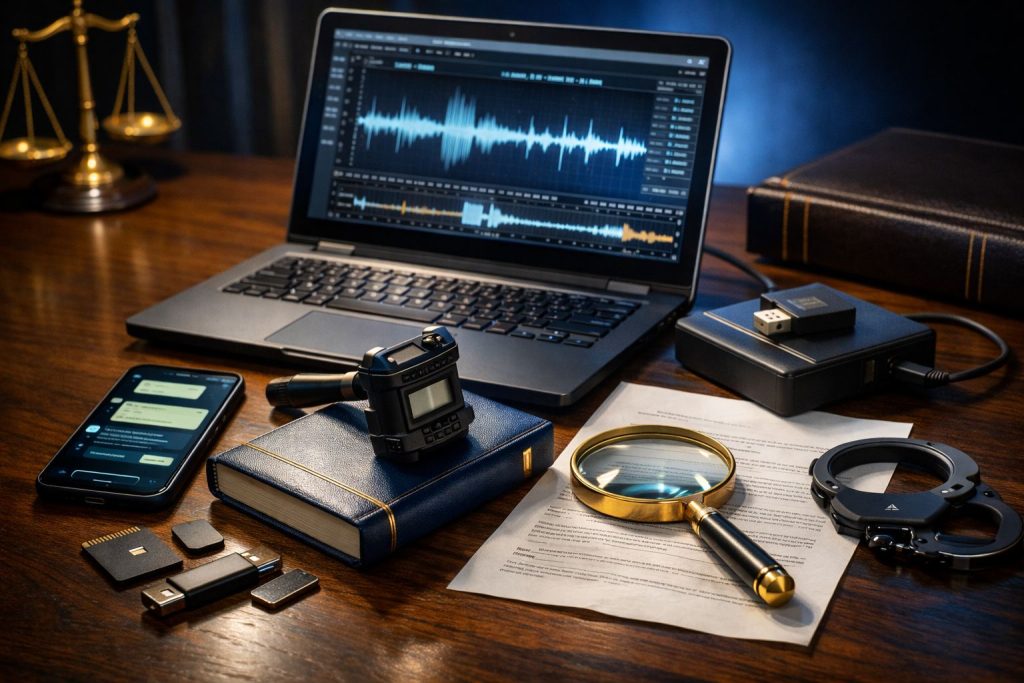 Ilustrasi alat bukti elektronik ITE di pengadilan berupa laptop analisis audio, ponsel berisi percakapan digital, perangkat rekam, media penyimpanan, dan alat forensik di meja hukum.