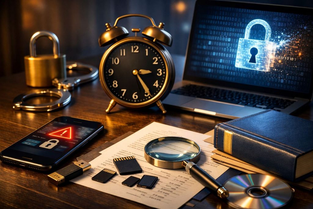 Ilustrasi notifikasi kebocoran data 3x24 jam dengan jam alarm emas, laptop keamanan siber, gembok digital, ponsel peringatan, dan dokumen bukti insiden data.