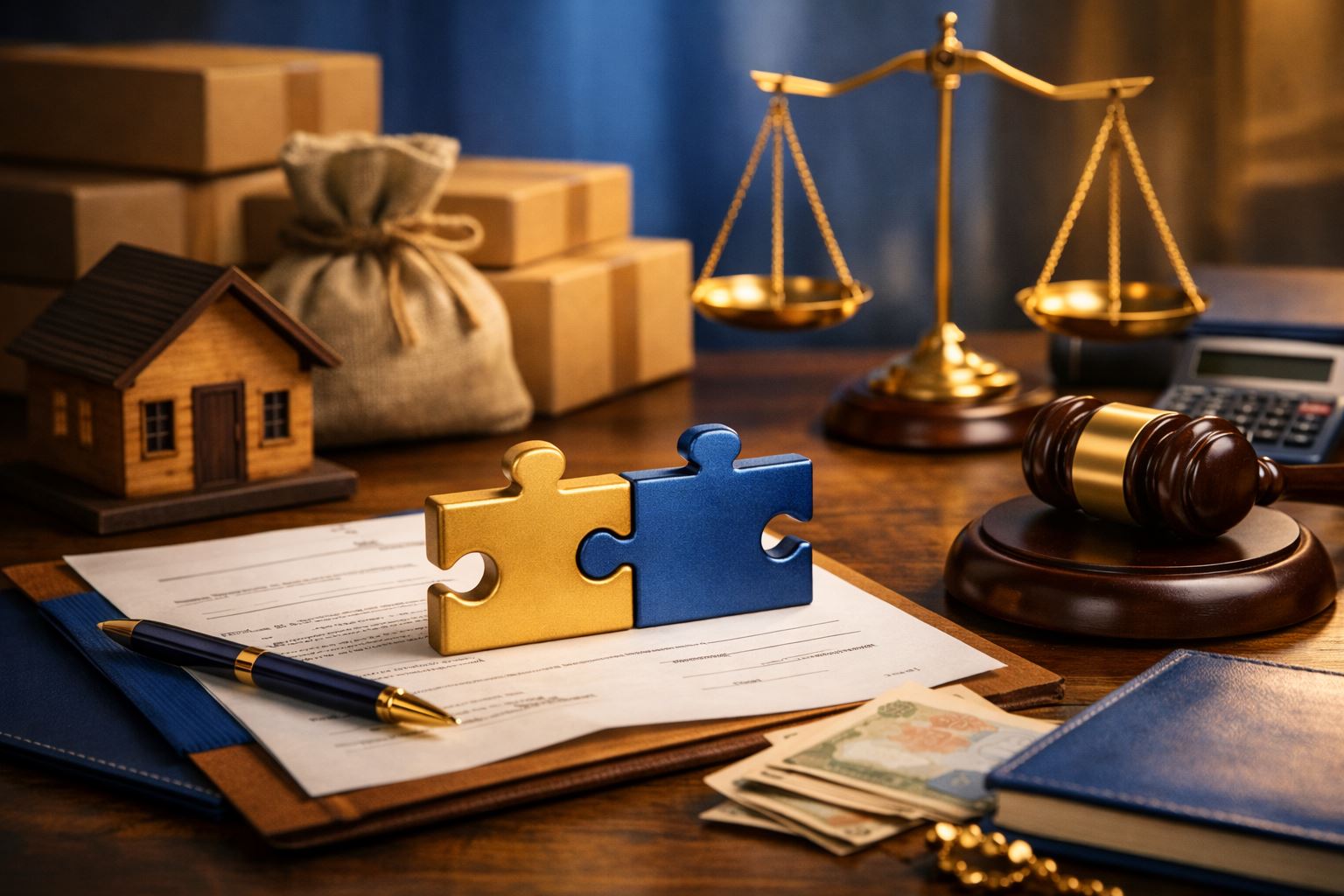 Ilustrasi mediasi sengketa bisnis UMKM dengan kepingan puzzle biru dan emas di atas dokumen perjanjian, timbangan keadilan, dan simbol usaha kecil.