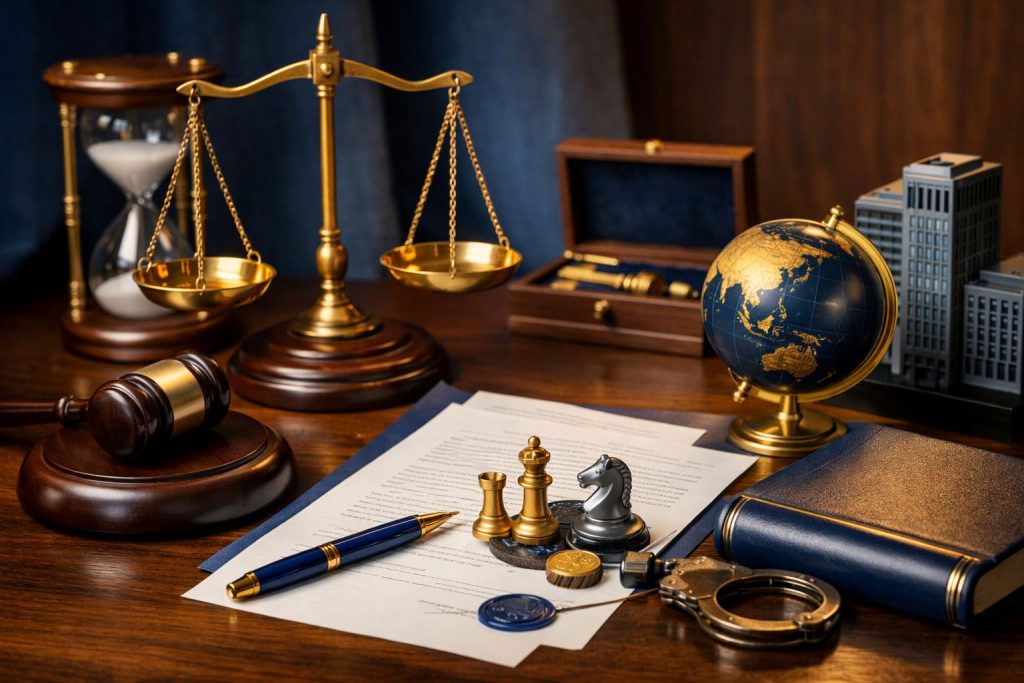 Ilustrasi arbitrase sengketa bisnis Indonesia dengan timbangan keadilan emas, kontrak bisnis, bidak catur strategi, globe biru, dan simbol eksekusi putusan di meja kayu profesional.