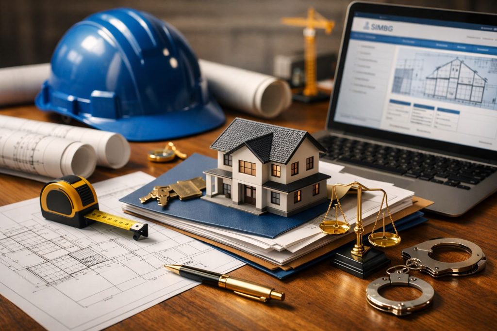 Ilustrasi transisi IMB diganti PBG SIMBG dengan miniatur rumah, gambar denah bangunan, laptop sistem perizinan, dan simbol hukum beraksen biru dan emas.