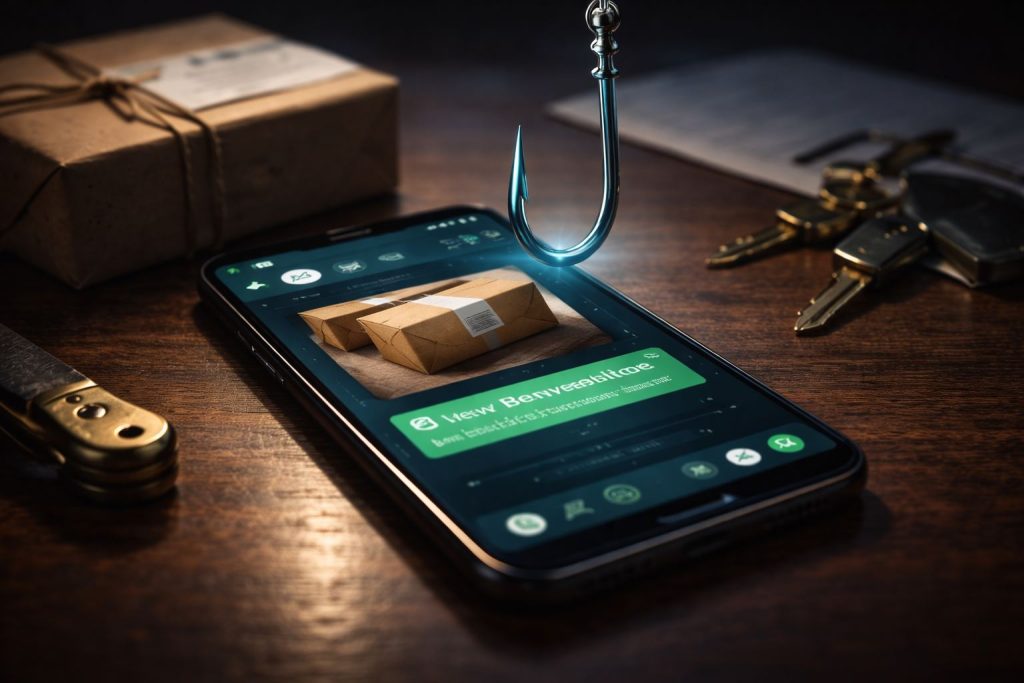 Ilustrasi phishing link berkedok kurir pada layar ponsel, dengan simbol kail digital bercahaya biru yang mengincar notifikasi paket di atas meja kayu.