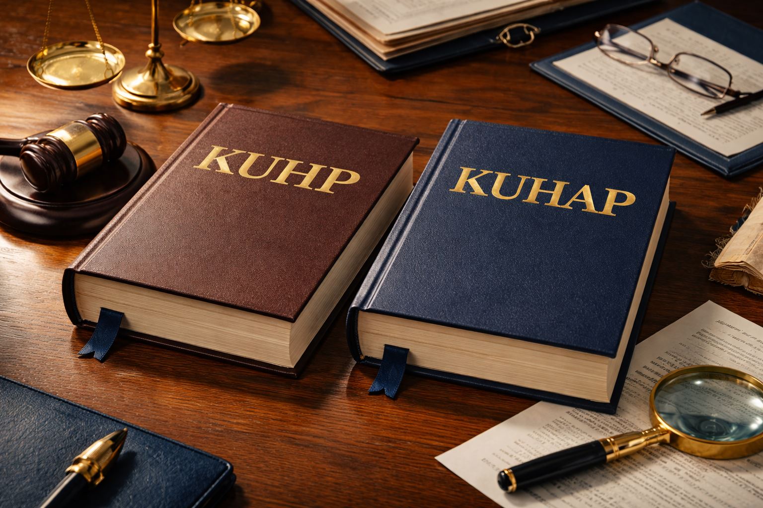 Dua kitab hukum KUHP dan KUHAP baru 2026 berdampingan di atas meja kayu, dengan aksen biru dan emas, serta perlengkapan analisis hukum tanpa teks.