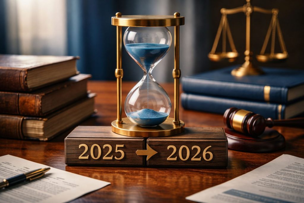 Ilustrasi asas nonretroaktif KUHP 2026 dengan jam pasir berpasir biru di atas penanda waktu sebelum dan sesudah 2 Januari 2026, dikelilingi buku hukum dan timbangan emas.
