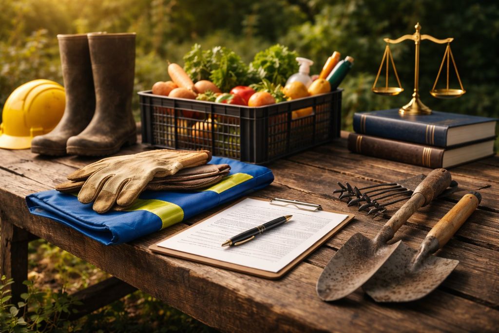 Ilustrasi pidana kerja sosial KUHP berupa perlengkapan kerja komunitas, alat kebun, rompi keselamatan biru, dan simbol keadilan emas di ruang terbuka.