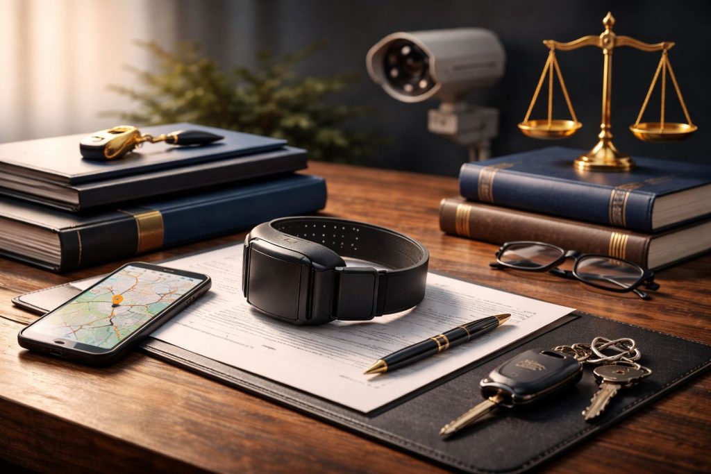 Ilustrasi pidana pengawasan KUHP baru dengan perangkat pengawasan elektronik, dokumen hukum, buku peraturan, dan timbangan keadilan beraksen emas.