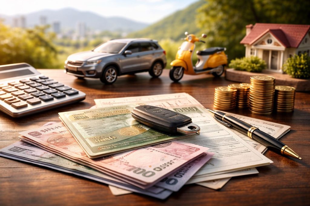 Ilustrasi pajak kendaraan Jabar 2026 dengan dokumen kendaraan, uang rupiah, kunci mobil, miniatur mobil dan motor, serta koin emas di atas meja kayu.