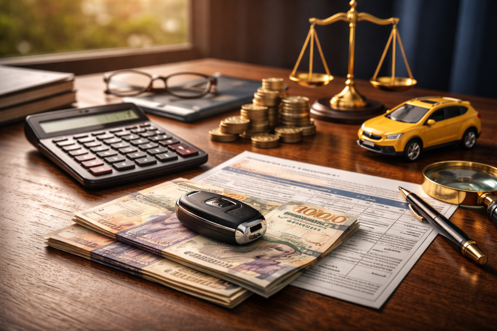 Ilustrasi opsen PKB Jabar 2026 menampilkan kunci mobil, dokumen pajak kendaraan, uang rupiah, kalkulator, dan simbol keadilan emas di meja kerja.