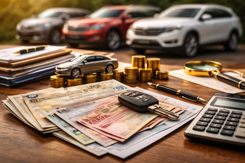 Ilustrasi pajak progresif kendaraan Jabar menampilkan dokumen kendaraan, uang rupiah, kunci mobil, miniatur mobil di atas koin emas, dan alat hitung pajak.