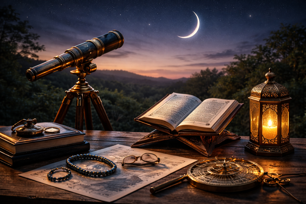 Ilustrasi awal Ramadan 18 Februari dengan teleskop rukyat mengarah ke hilal, kitab suci terbuka, lentera emas, dan langit senja bernuansa biru keemasan.