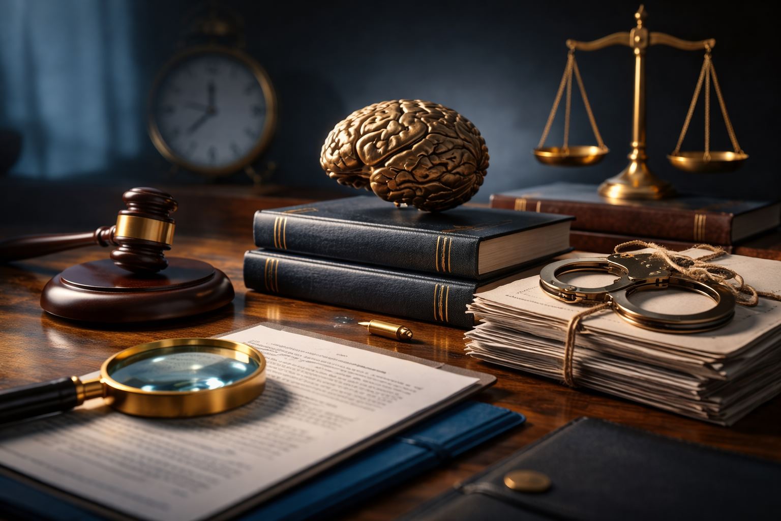 Ilustrasi mens rea viral Januari 2026 dengan simbol niat berupa patung otak emas di atas buku hukum, kaca pembesar, berkas perkara, dan timbangan keadilan bernuansa biru.