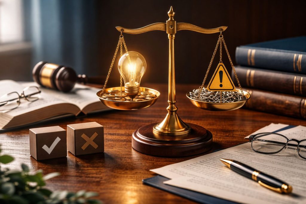 Ilustrasi pasal 36 KUHP nasional dengan timbangan keadilan emas yang membandingkan unsur kesengajaan dan kealpaan, dikelilingi buku hukum dan dokumen pidana.