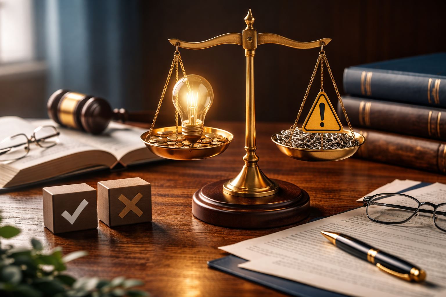 Ilustrasi pasal 36 KUHP nasional dengan timbangan keadilan emas yang membandingkan unsur kesengajaan dan kealpaan, dikelilingi buku hukum dan dokumen pidana.