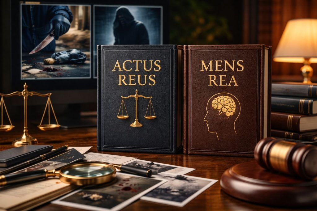 Ilustrasi actus reus dan mens rea berupa pembagian visual antara alat bukti tindak pidana, timbangan keadilan, dan simbol proses berpikir hukum dalam suasana ruang kerja hukum.