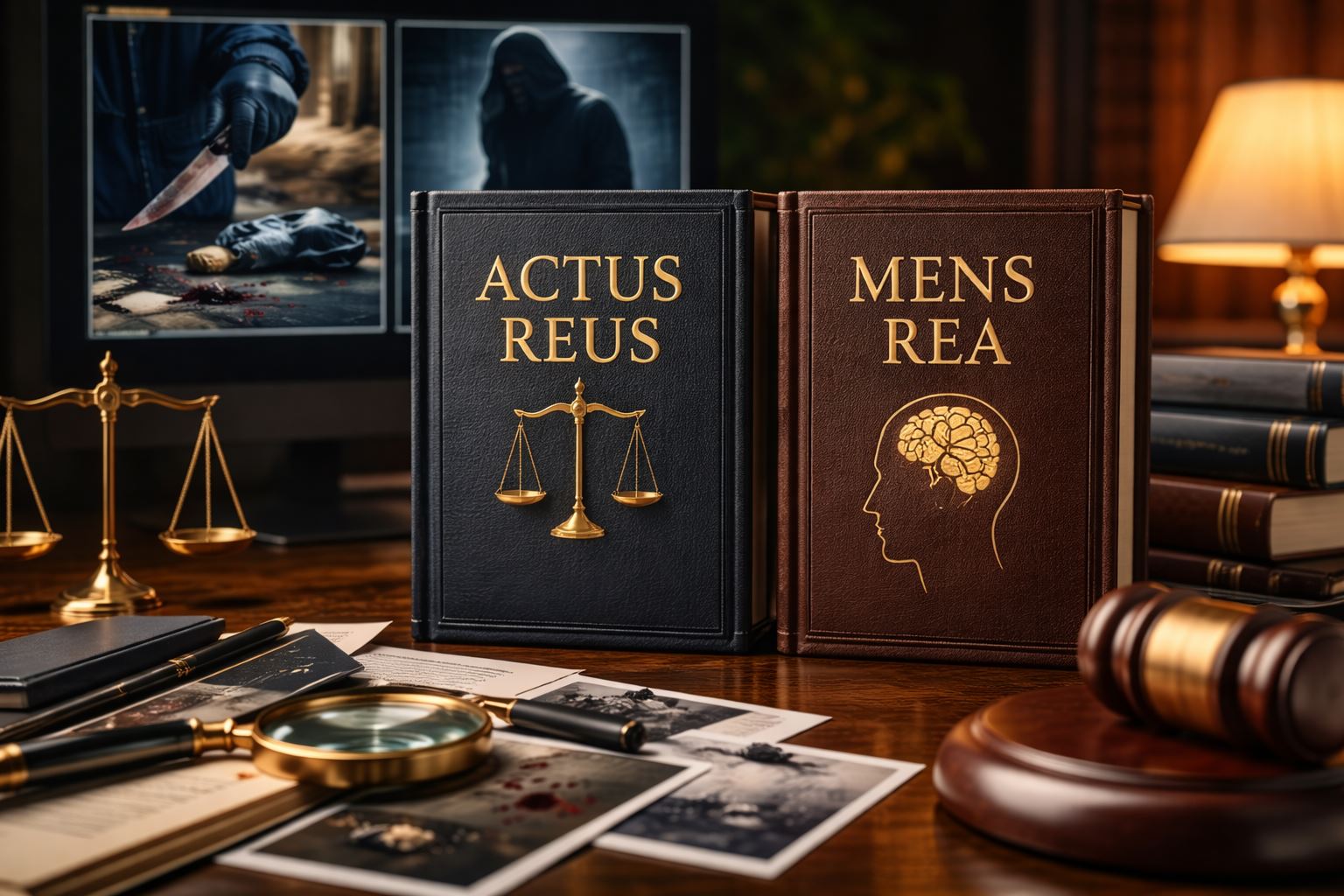 Ilustrasi actus reus dan mens rea berupa pembagian visual antara alat bukti tindak pidana, timbangan keadilan, dan simbol proses berpikir hukum dalam suasana ruang kerja hukum.