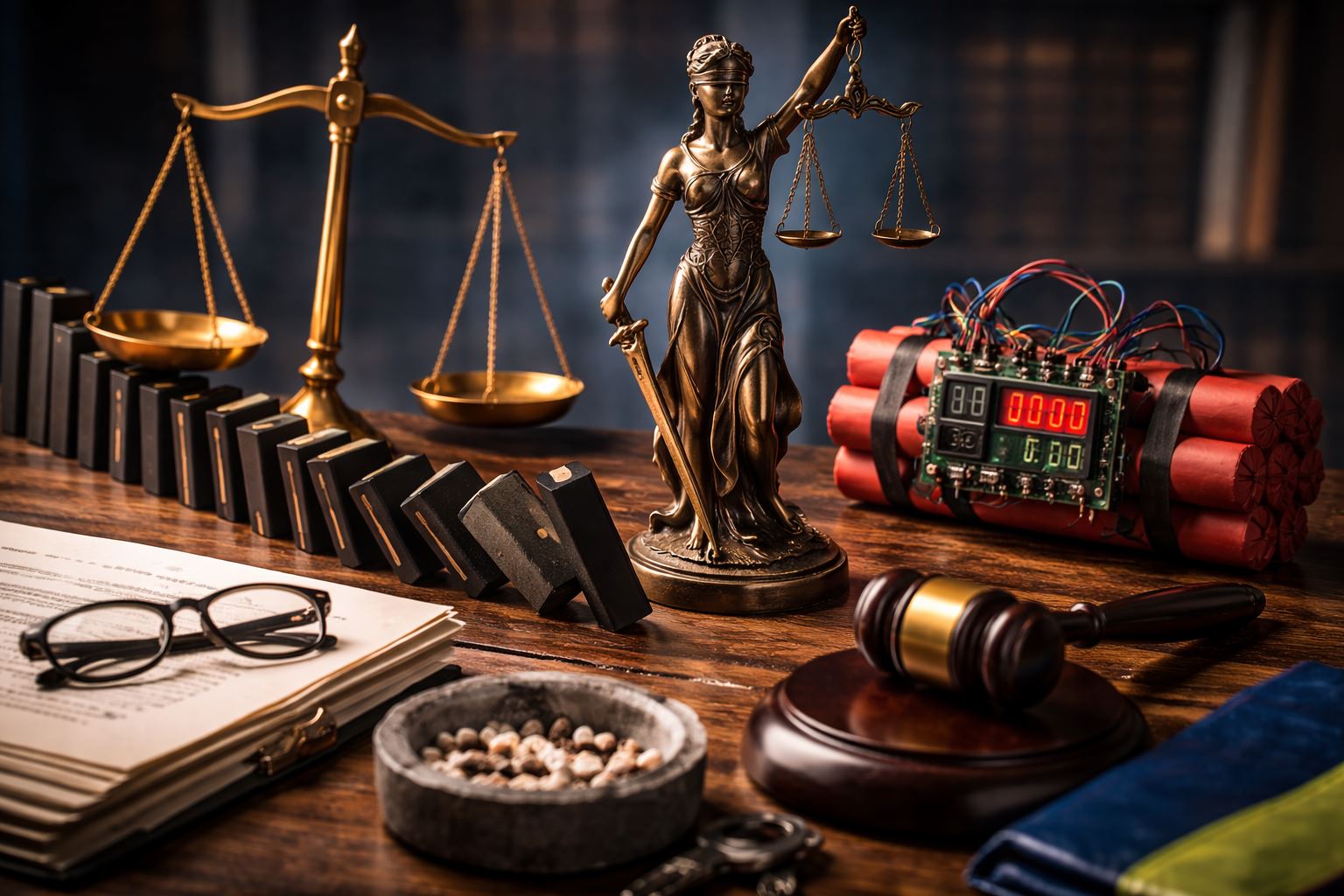 Ilustrasi dolus eventualis dan culpa menampilkan simbol keadilan emas, efek domino, dan elemen risiko sebagai representasi penerimaan akibat dalam mens rea.