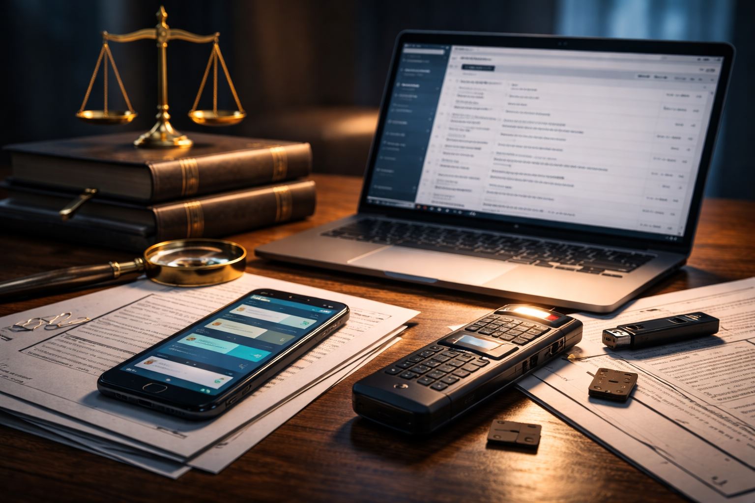 Ilustrasi bukti digital pembuktian mens rea berupa ponsel dengan chat, laptop email, alat perekam suara, dan dokumen hukum di meja kerja bernuansa biru emas.