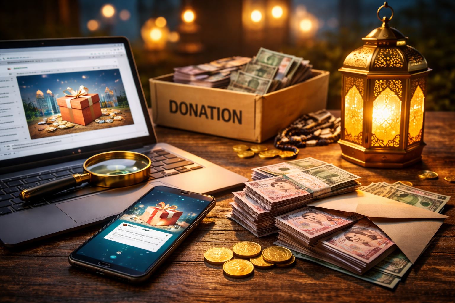 Ilustrasi modus penipuan jelang Ramadan menampilkan ponsel, laptop, uang tunai, amplop, dan lentera emas sebagai simbol penipuan THR dan donasi palsu.