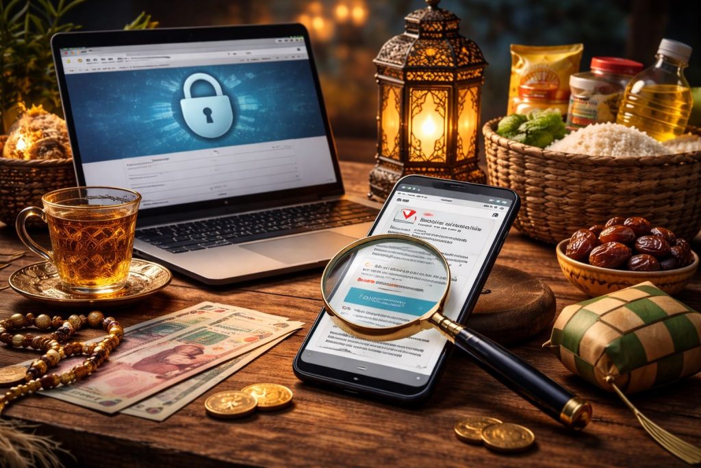 Ilustrasi hoaks bansos Ramadan link menampilkan ponsel dengan pesan mencurigakan, kaca pembesar, laptop aman, uang rupiah, dan suasana Ramadan bernuansa biru emas.