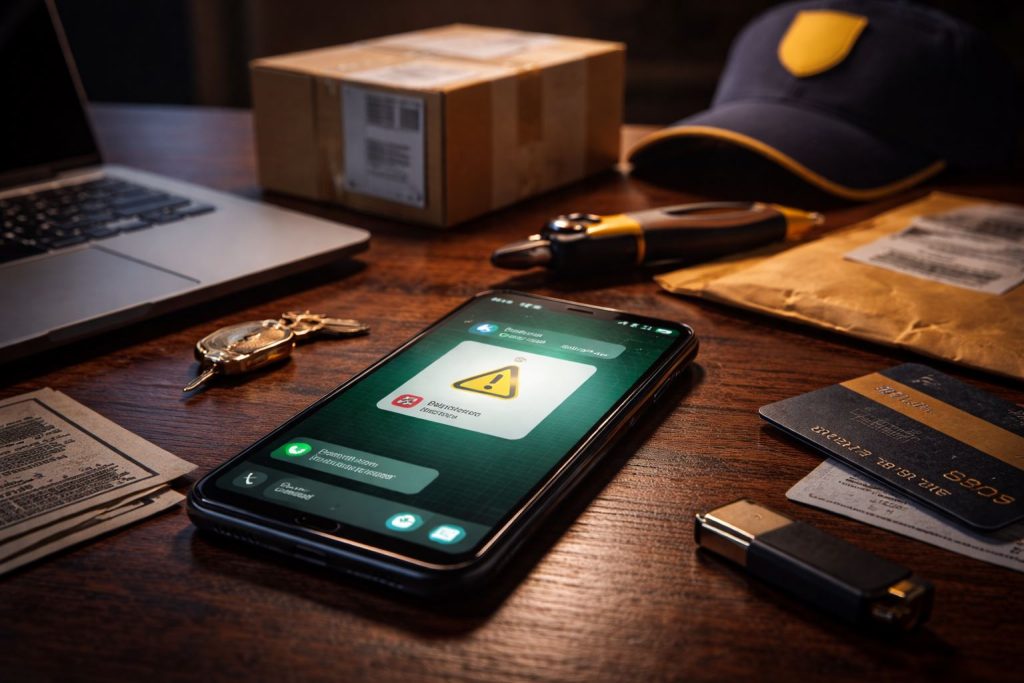 Ilustrasi modus APK kurir paket dengan ponsel menampilkan peringatan keamanan, paket kiriman, kartu pembayaran, dan perangkat digital di meja kerja gelap.