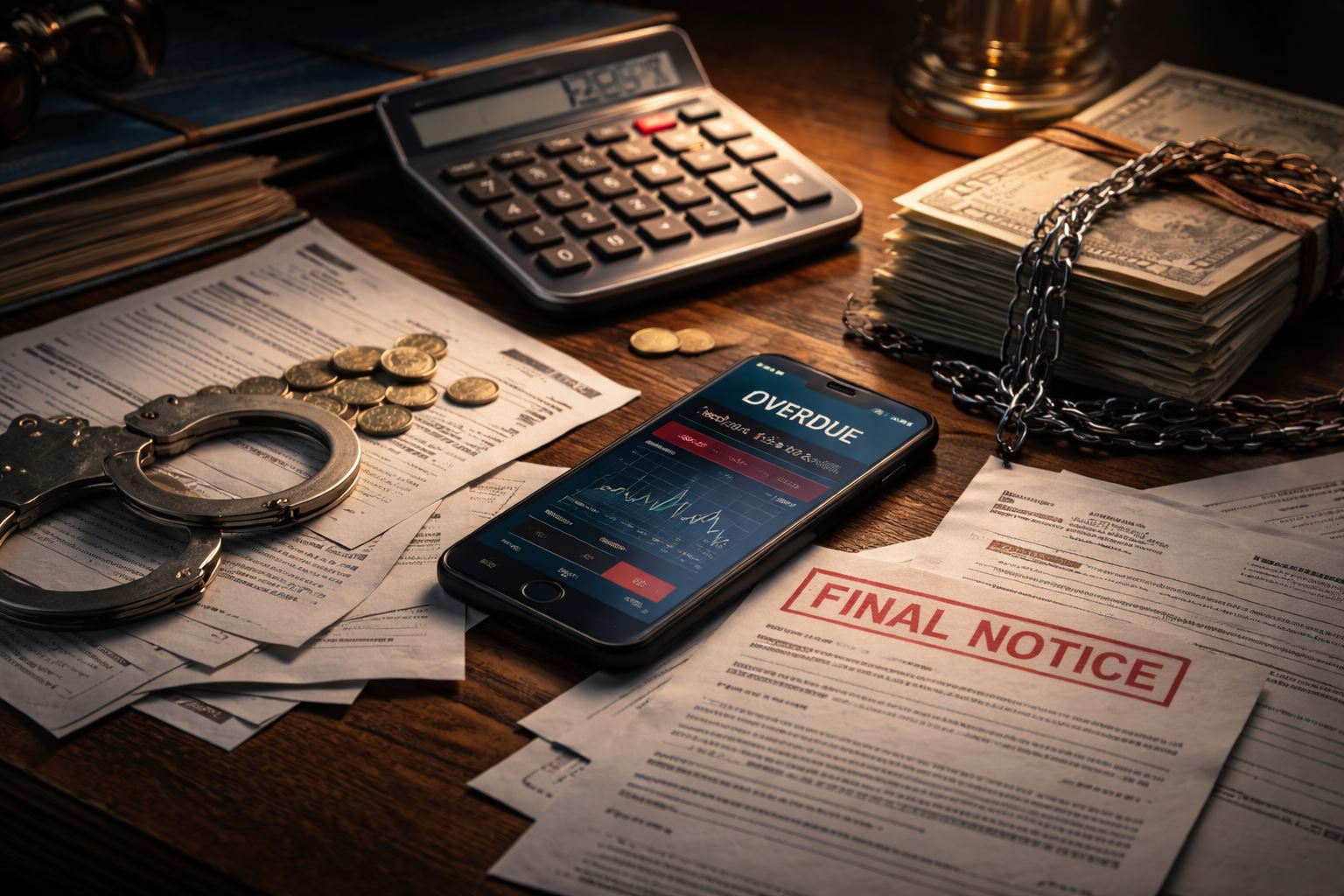 Ilustrasi risiko hukum galbay pinjol dengan ponsel pinjaman digital terlambat bayar, tumpukan tagihan, uang terikat rantai, kalkulator utang, dan simbol konsekuensi hukum.