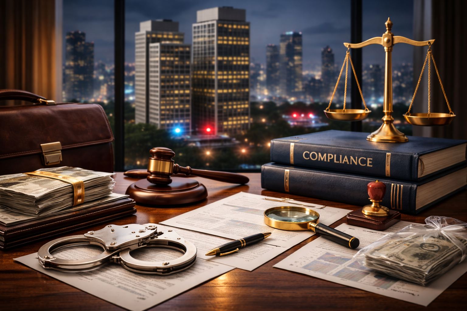 Ilustrasi pidana korporasi KUHP baru dengan simbol gedung perkantoran, borgol, dokumen hukum, timbangan emas, dan buku kepatuhan berlatar kota malam.