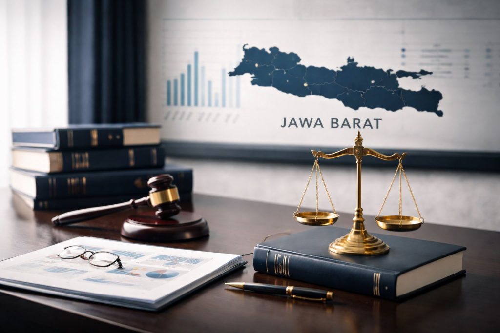 Ilustrasi visual tindak pidana Jawa Barat tahun 2024 berdasarkan data resmi kepolisian, menampilkan simbol hukum dan analisis statistik kejahatan.