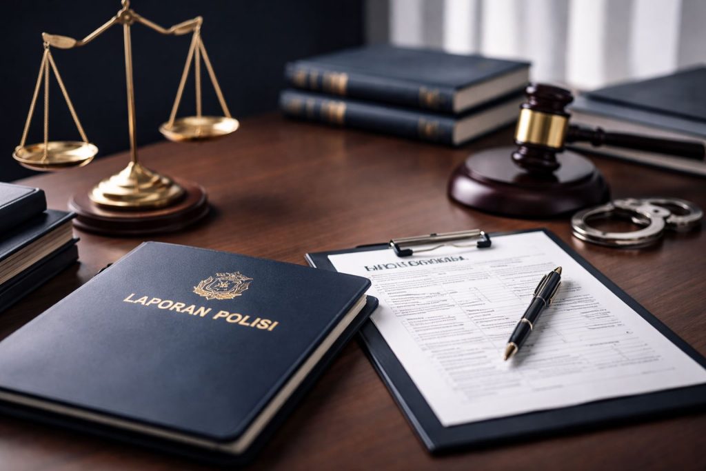 Ilustrasi proses perkara pidana Polda Jabar tahun 2025, menampilkan dokumen laporan polisi dan simbol penegakan hukum dalam suasana profesional dan minimalis.